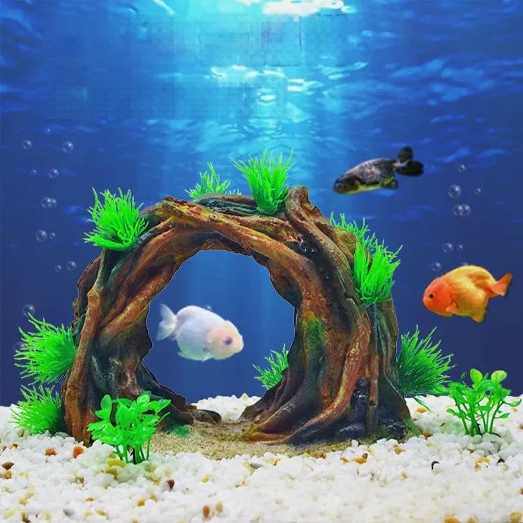 Adorno de Arco de Acuario Grande con Plantas Verdes, decoración de pecera, Puente de Cueva de Resina marrón, 9,44 x 8,66 x 3,93 Pulgadas, Paisaje de Acuario, Peso 1 LB