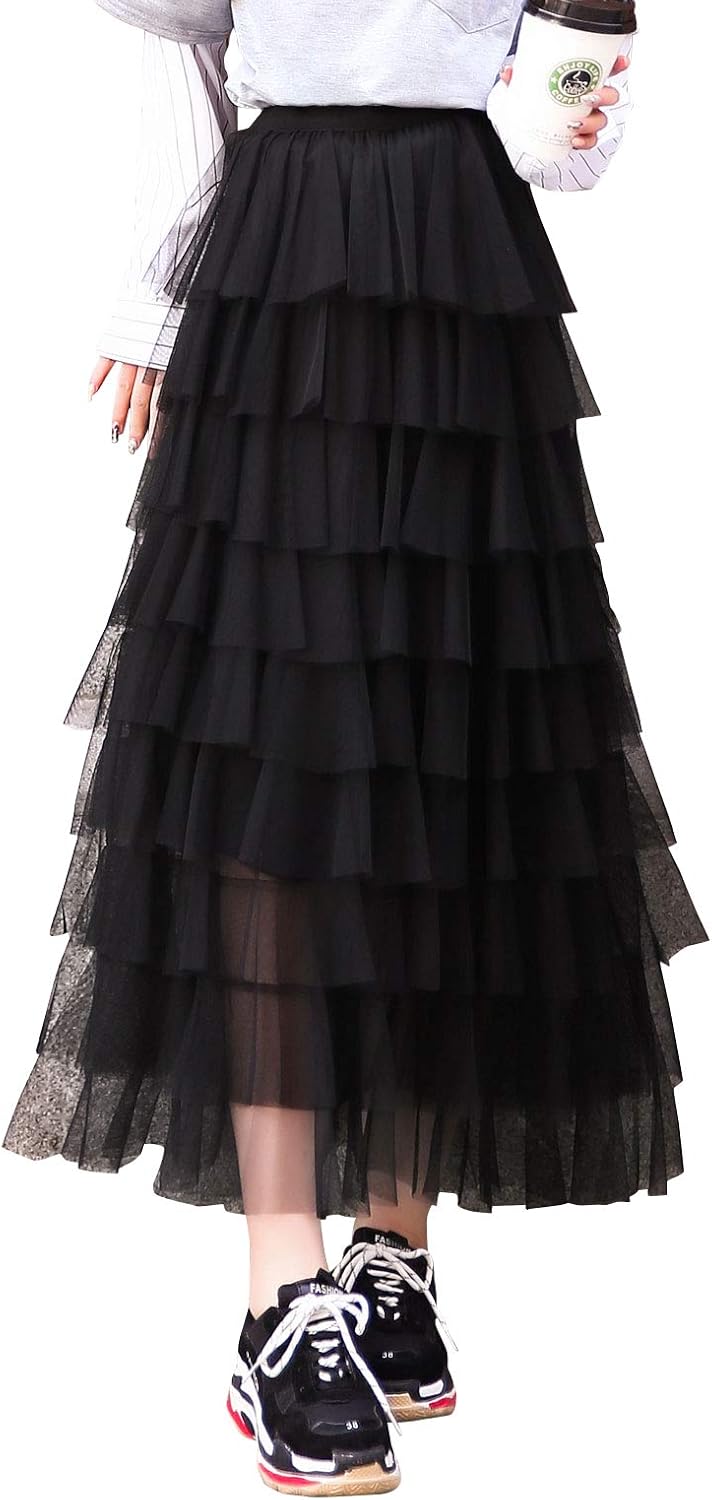 ebossy Women's Sweet Elastic Waist Tulle Layered Ruffles Mesh Long Tiered Skirt