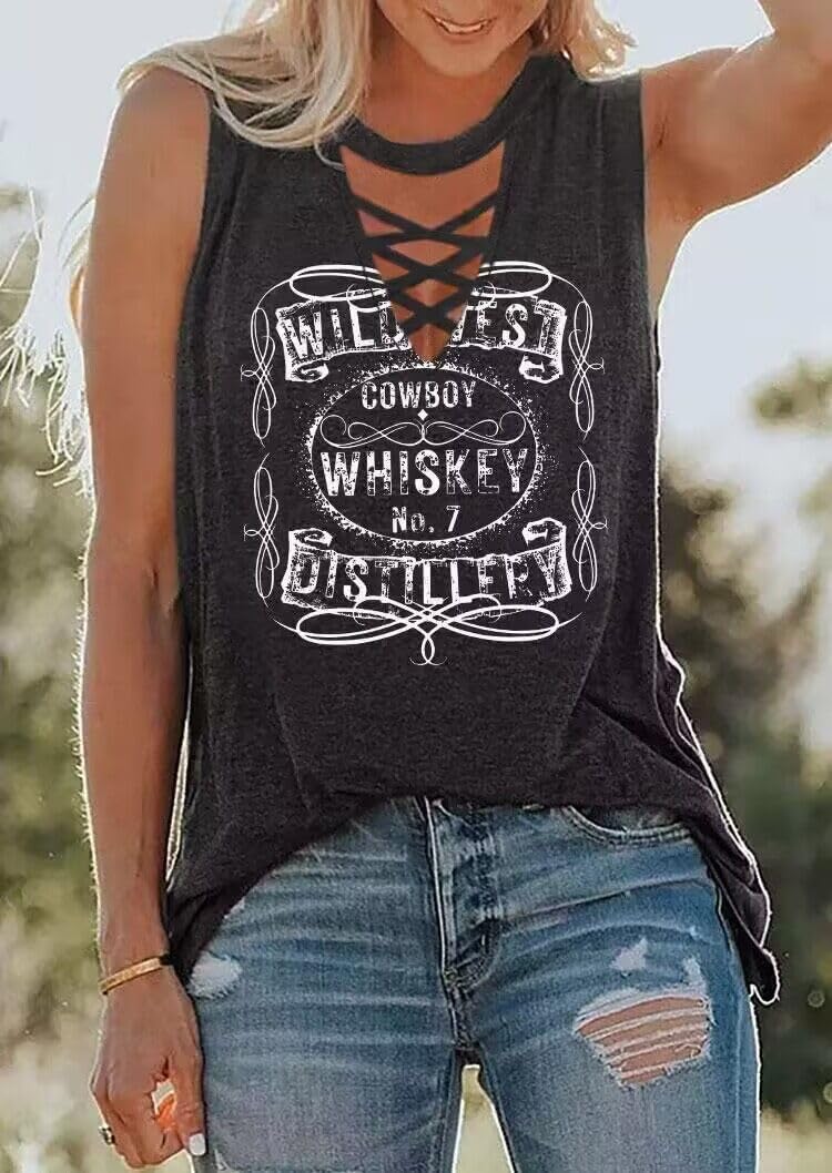 Wasted On You Steer Skull Criss-Cross Hollow Out Tank Tops Women Western Cowboy Rodeo Shirt Tops Country Music Tank Tops - Image 2