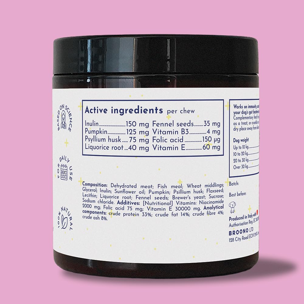 Anti Itch for Dogs with Prebiotics, Pumpkin, Psyllium, Inulin - Stop Licking Paws, Scratching Ears & Red Irritated Skin by Improving Gut Health - 60 Soft Chews, BROONO Prebiotics Complex - Image 2