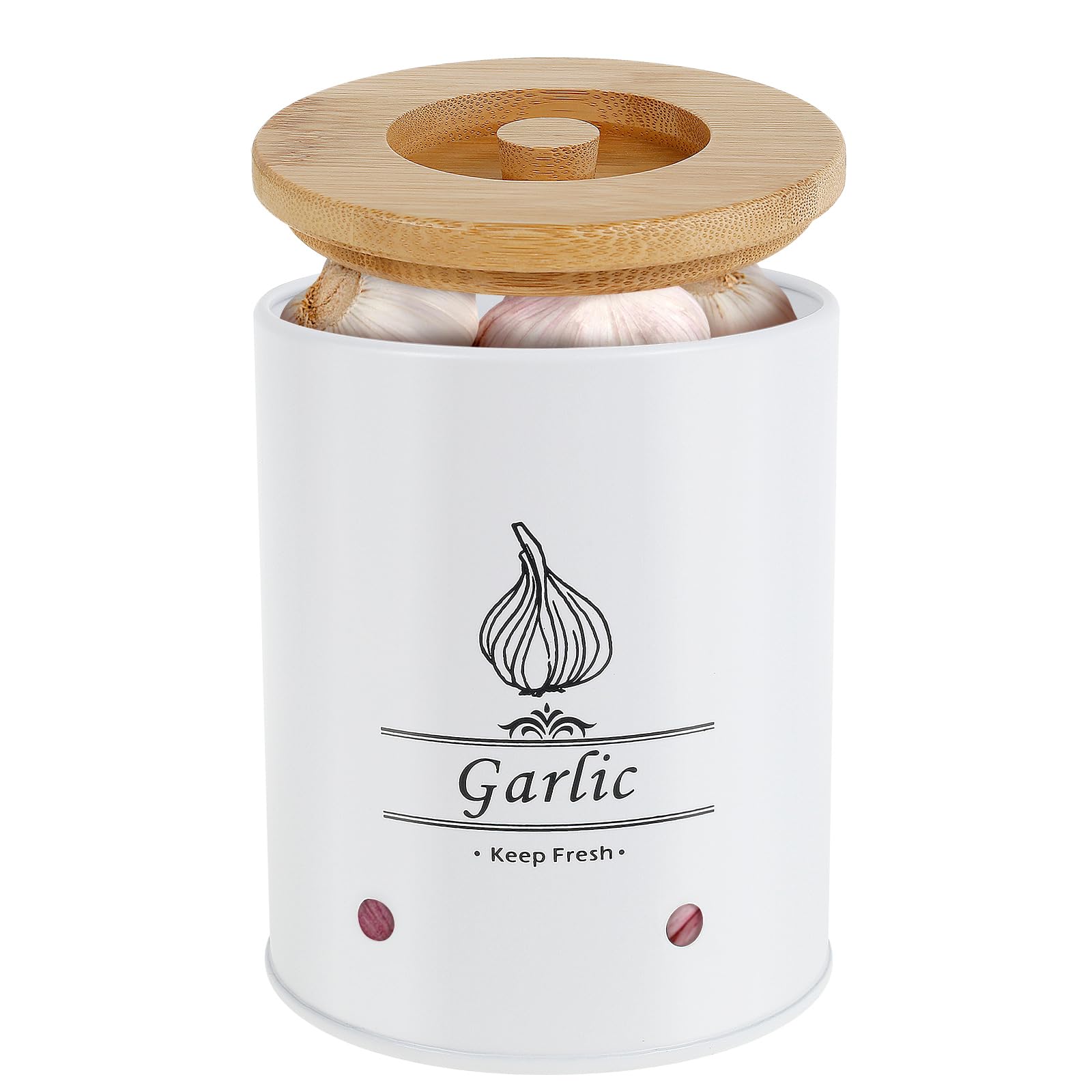ZLHETWT Large Ceramic Garlic Keeper, Farmhouse Style Garlic Storage Box with Wood Lid, Ventilated Garlic Saver, 2.3L, White