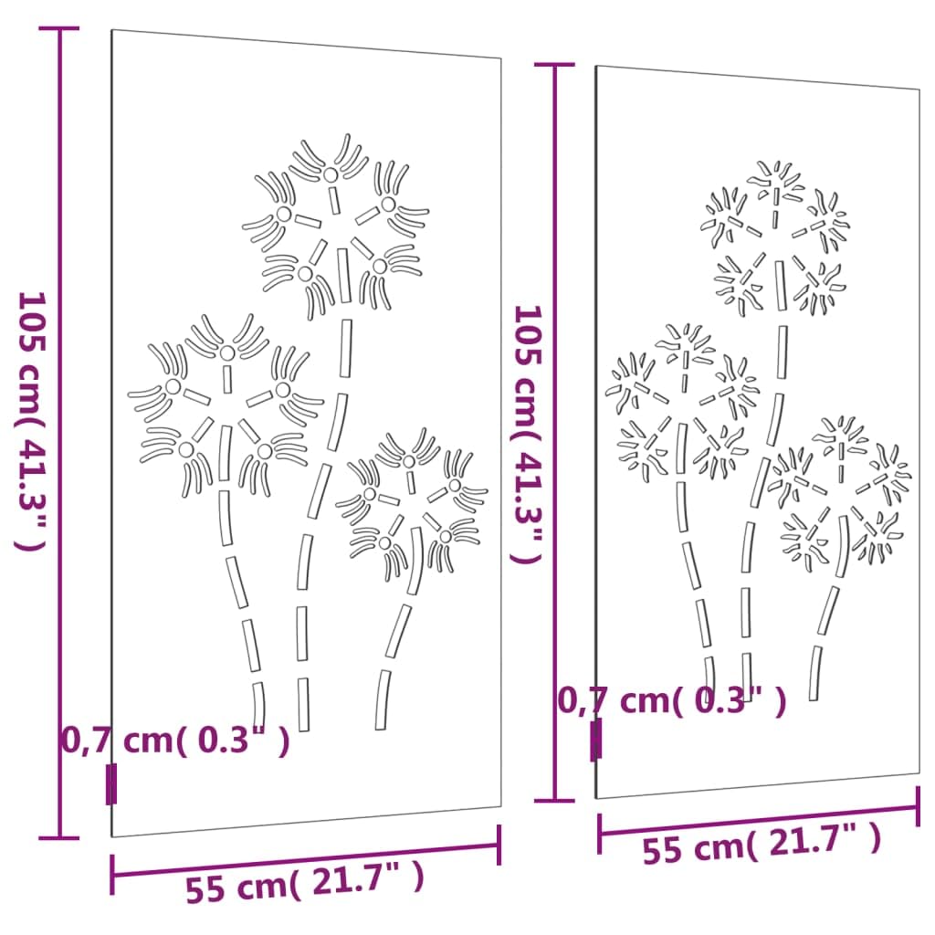 vidaXL Adorno Pared jardín 2 uds Acero corten diseño Flores 105x55 cm, Adorno Pared jardín, Adorno Metal Pared jardín, Adorno de Pared para jardín