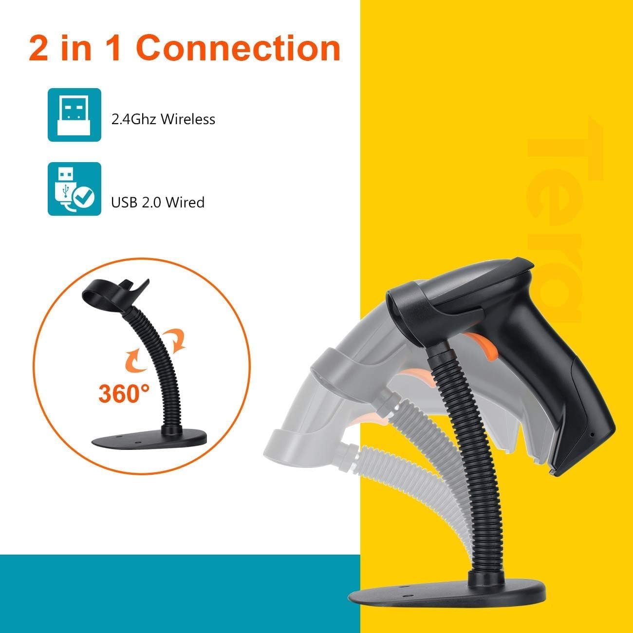 Tera HW0004 Barcode Scanner on its 360-degree adjustable stand, illustrating its flexibility and 2-in-1 connection options
