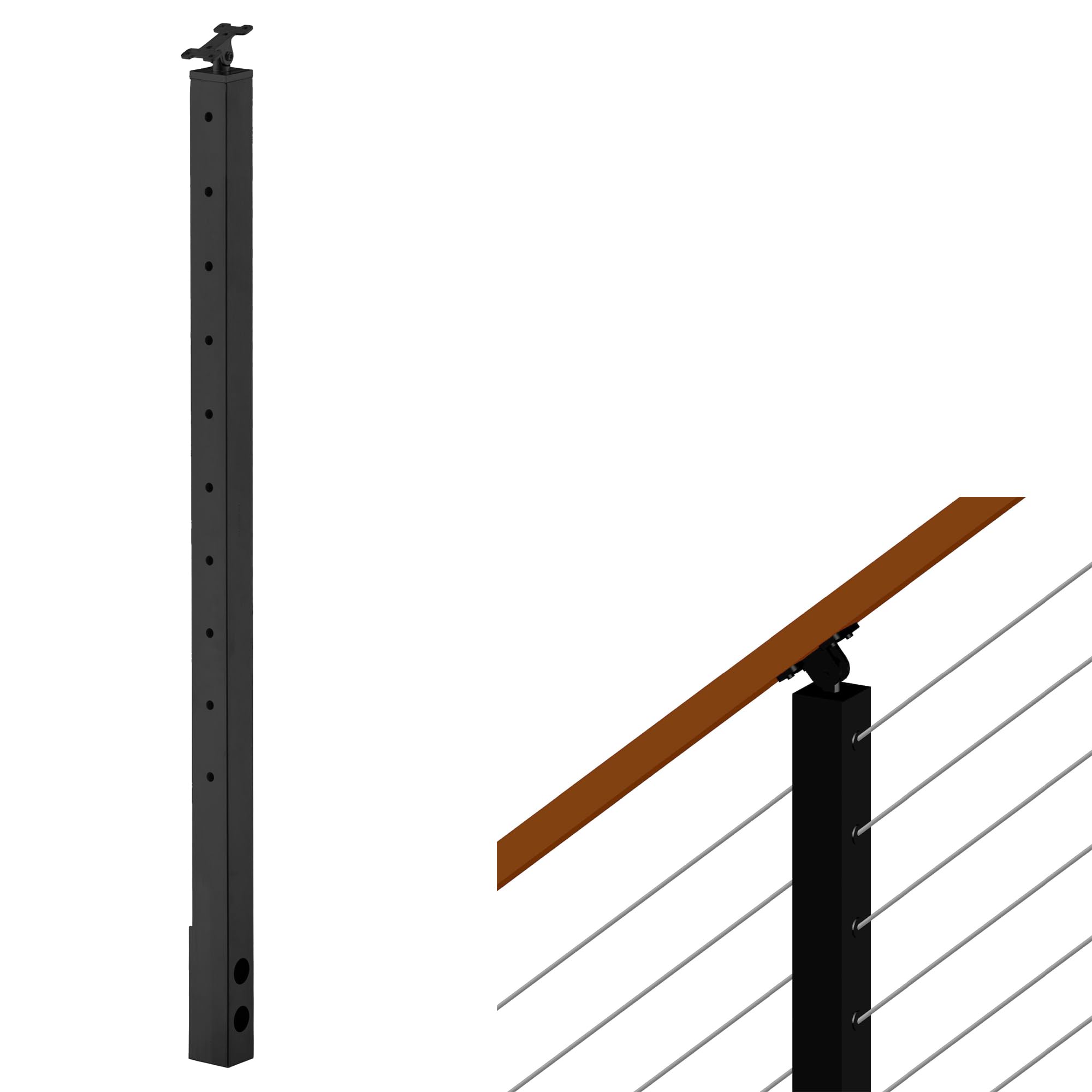 Senmit Cable Railing Post Fascia Mount-Stainless Steel Square Weldless 36"x2"x2" 30°Angle Pre-drilled Side Mount Metal Stair Post for Wood Deck, Black