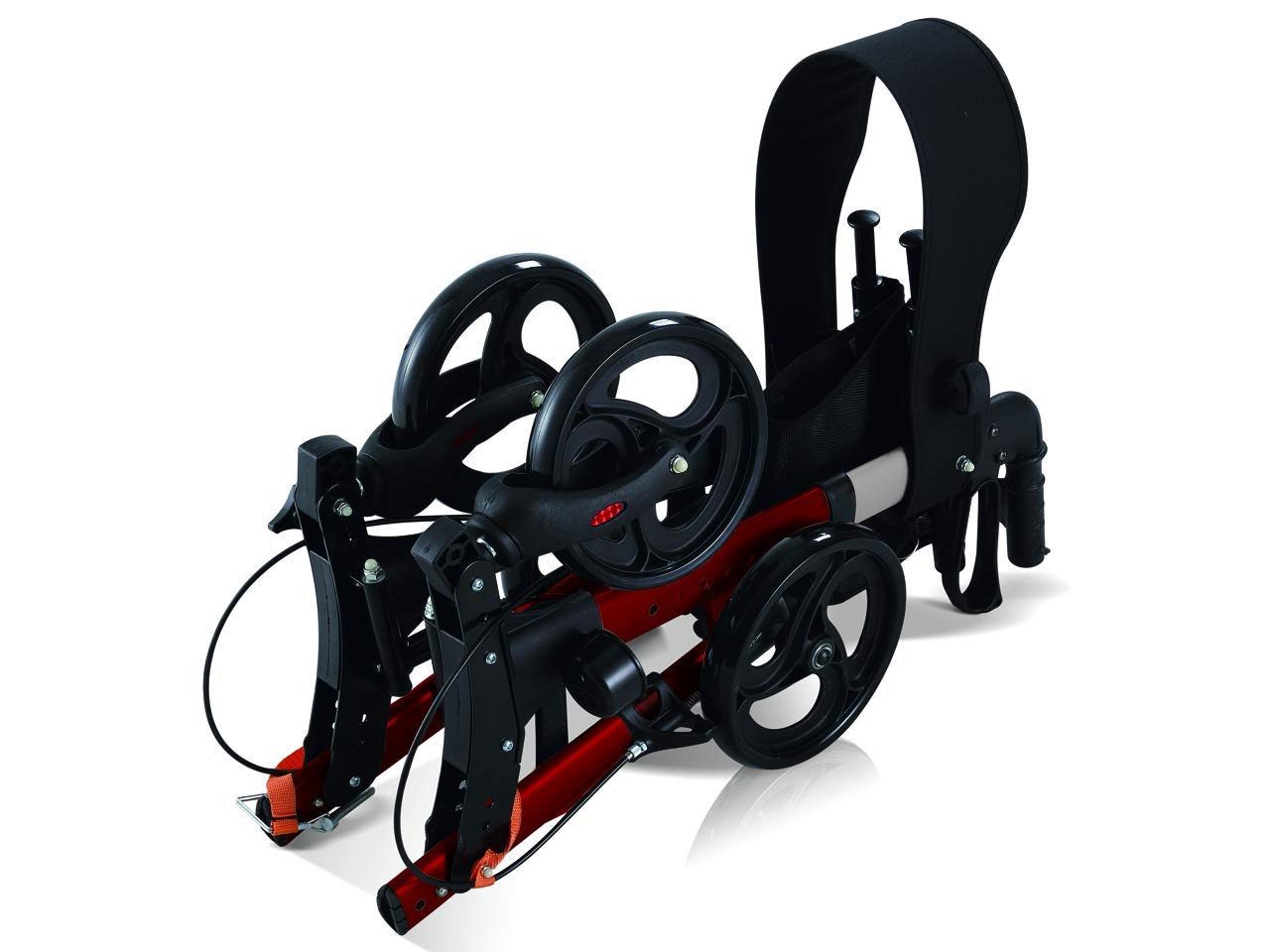 GIMA Deambulatore Compact, Pieghevole e Regolabile in Altezza, Telaio in Alluminio Leggero, Sedile, Schienale, Tracolla Removibile, Portabastone, Freni ad Anello Autobloccanti, Rosso