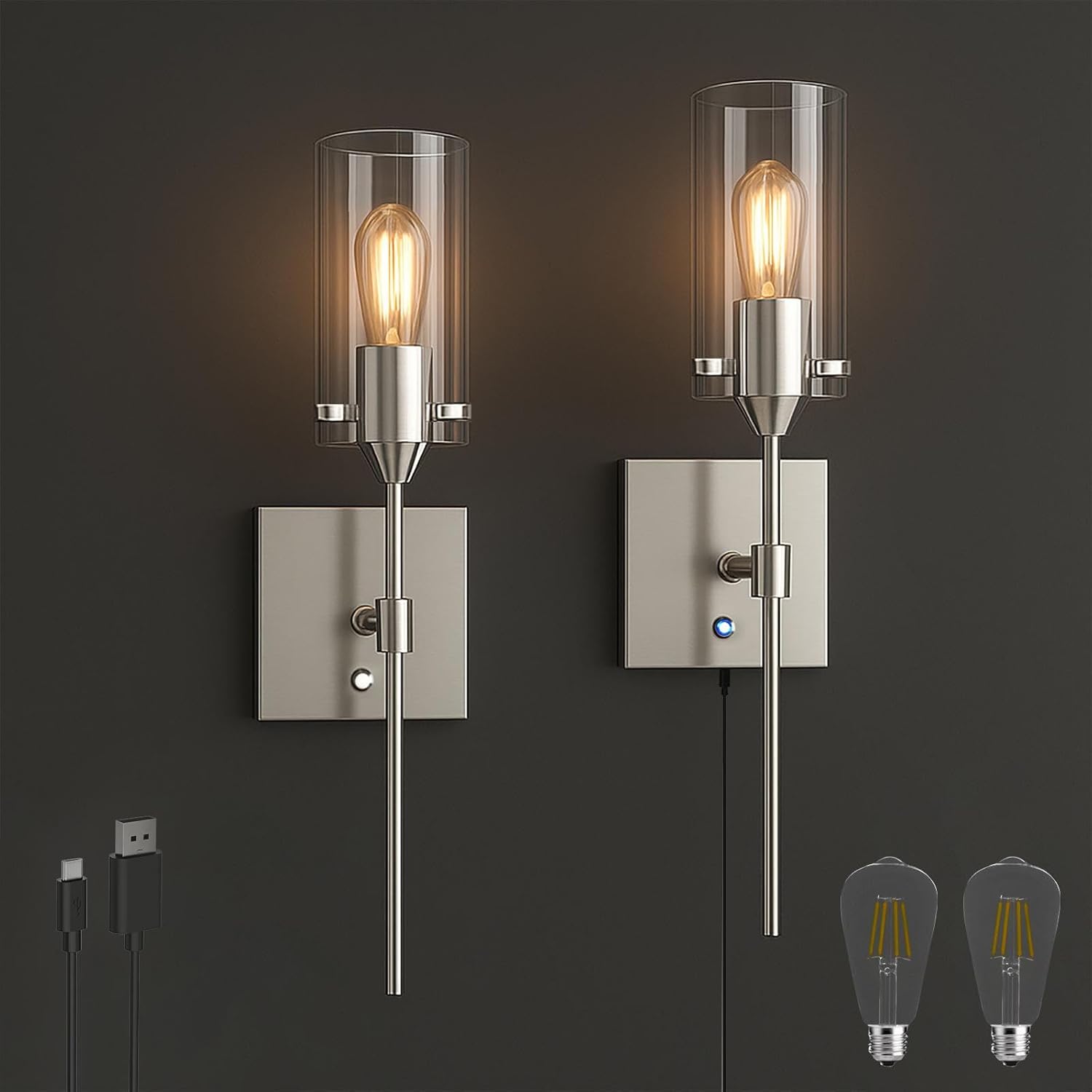 Battery Operated Wall Sconce with Remote Control, Dimmable Wall Lamp Set of 2 Rechargeable, Black Wireless Wall Mount Light for Living Room Bedroom Hallway Farmhouse, Bulb Included