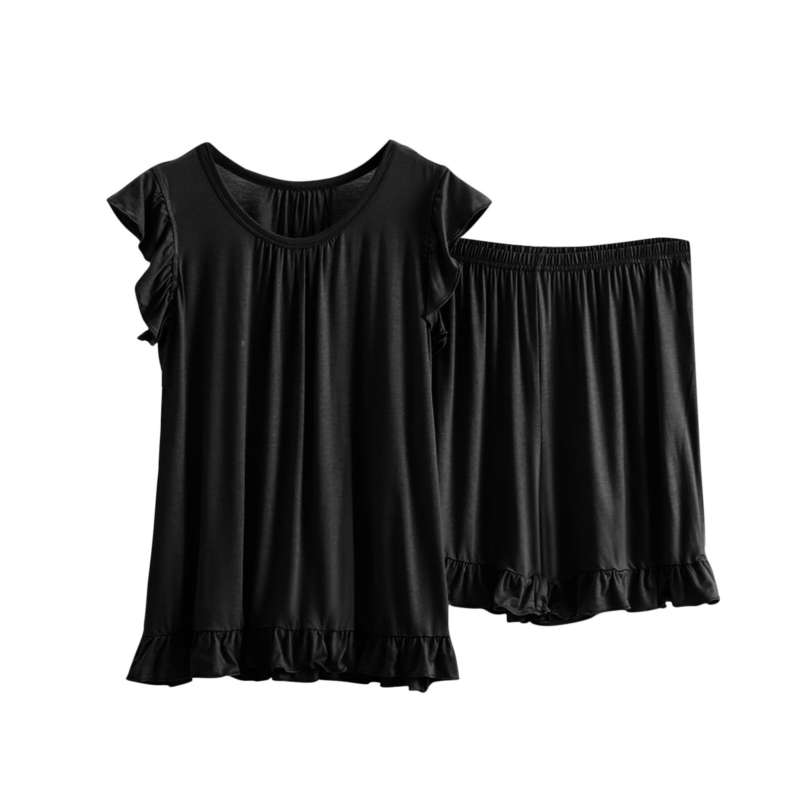 Womens 2 Piece Lounge Shorts Sets Crewneck Sleeveless Tank Tops Cute Ruffle Pajama Sets Solid Color Summer Workout
