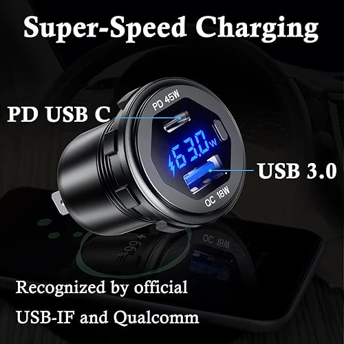 Miniatura 6 de BATIGE PD - Cargador rápido USB C de 45 W de 18 W, enchufe de cargador USB 3.0 impermeable con interruptor, voltímetro LED y fusible de cable, kit