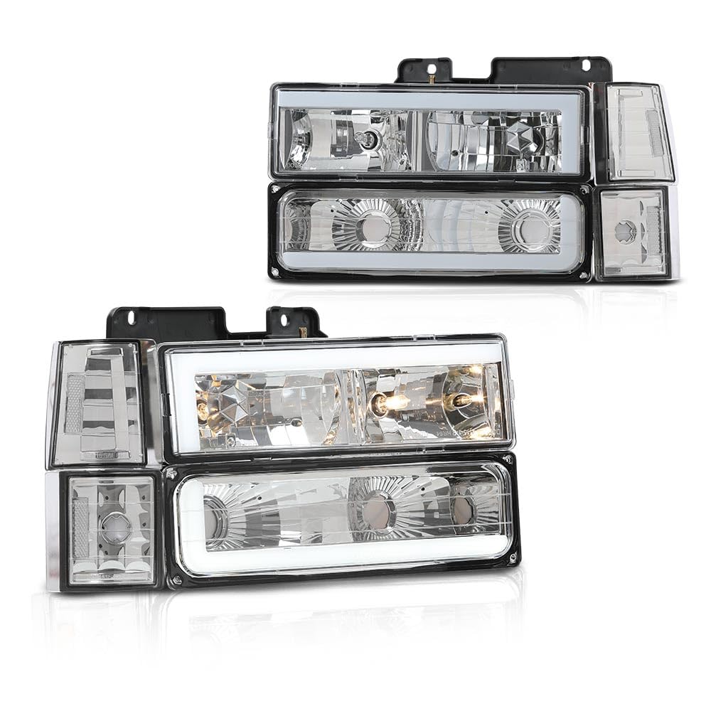 CNNELL Headlight Bumper Lamp Clear Lens Chrome Housing Clear Reflector Compatible with GMC C1500 K1500 Yukon/Fit GMC C1500 C2500 K1500 K2500 Suburban