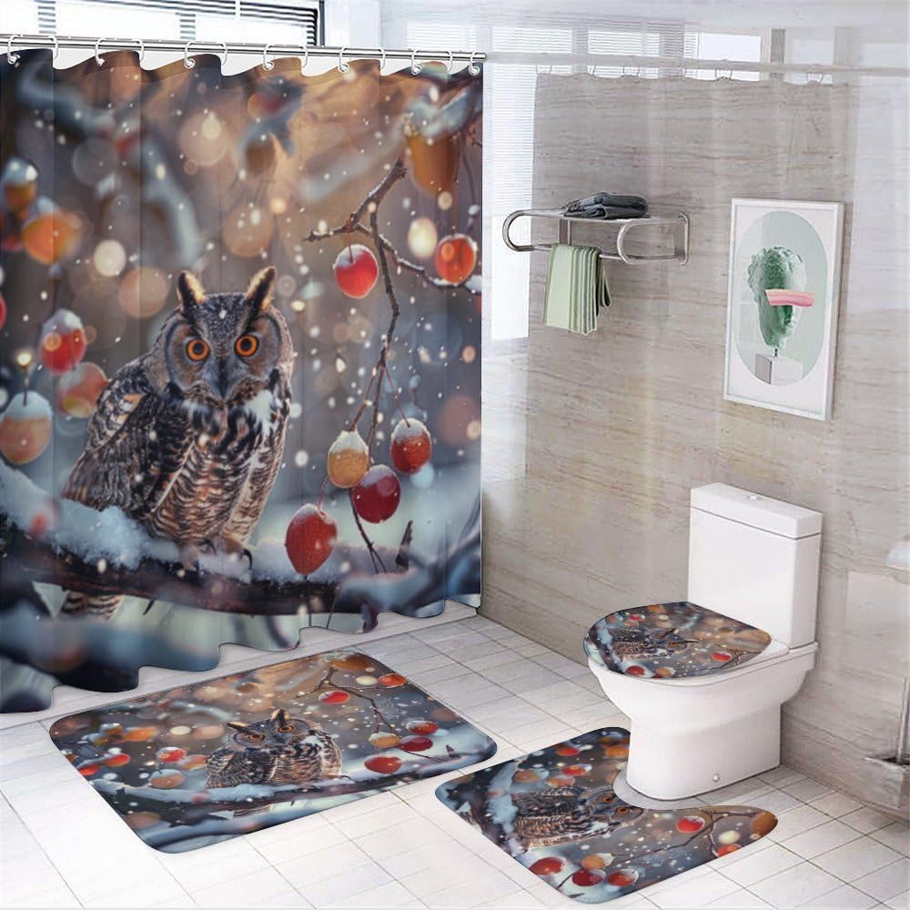 Rideau de douche hibou avec tapis de bain textile polyester 4 pièces