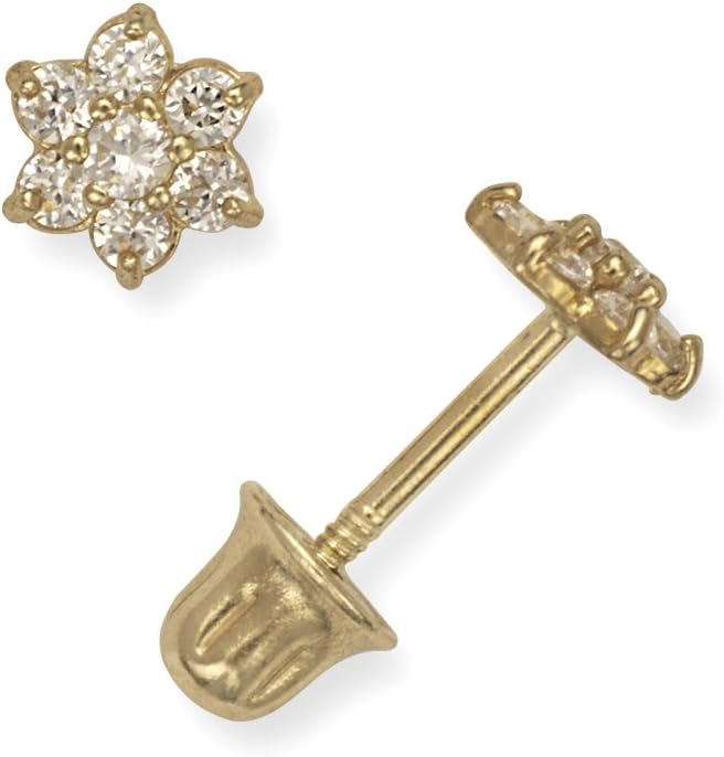 Jewelryweb - Solid 14K Small 5mm Cubic Zirconia Flower Screw Back Stud Earrings - Flower Earrings for Women Girls - Cartilage Earrings - Real 14k Gold