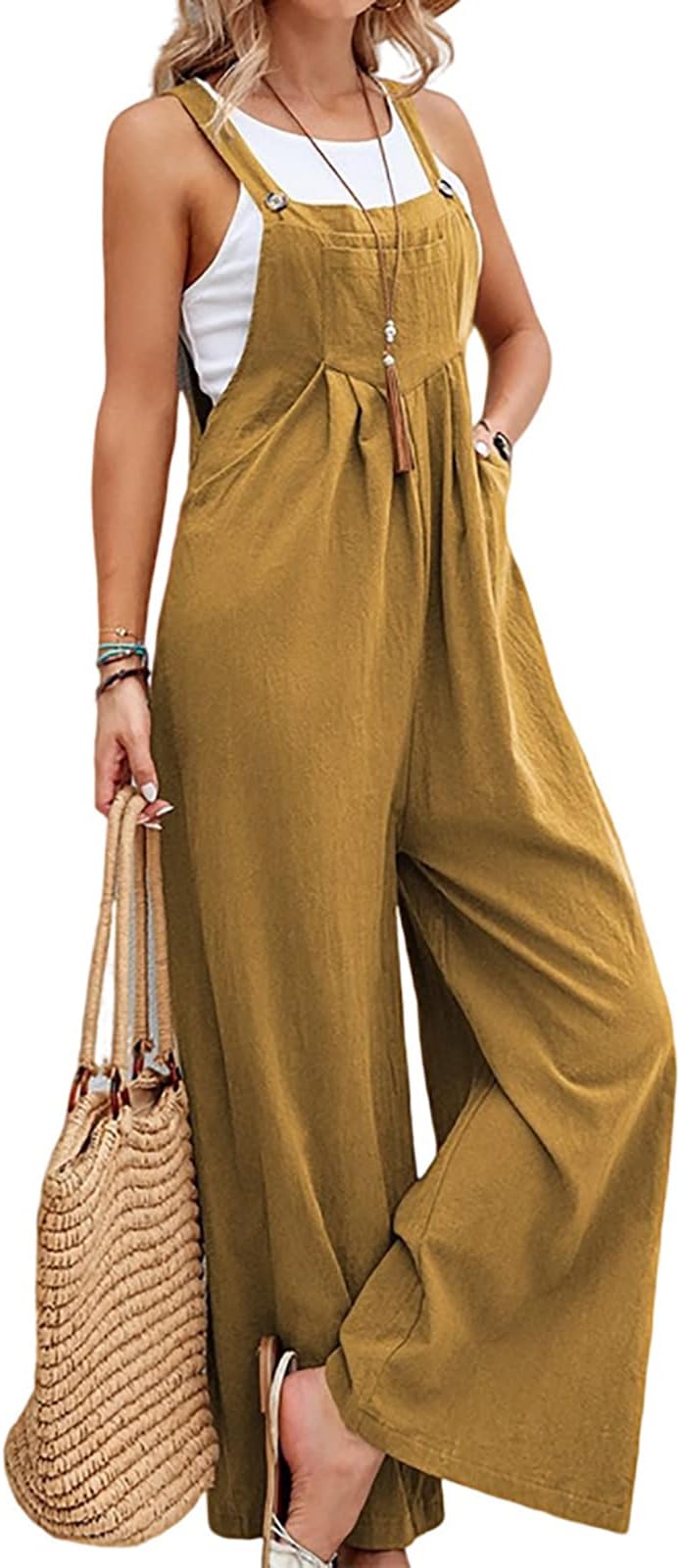 VIOEGIB Overalls for Women Wide Leg Casual Cotton Linen Baggy Loose Maternity Summer Beach Jumpsuits Romper