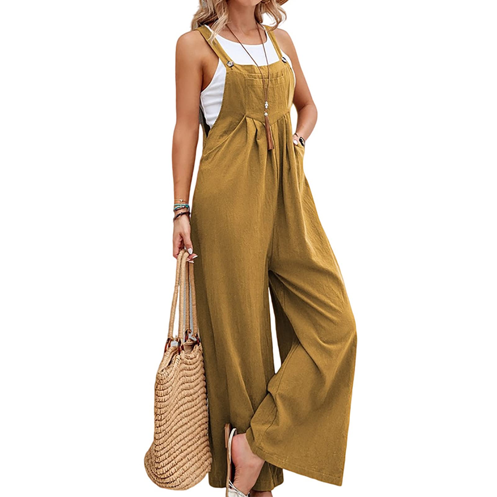 VIOEGIB Overalls for Women Wide Leg Casual Cotton Linen Baggy Loose Maternity Summer Beach Jumpsuits Romper