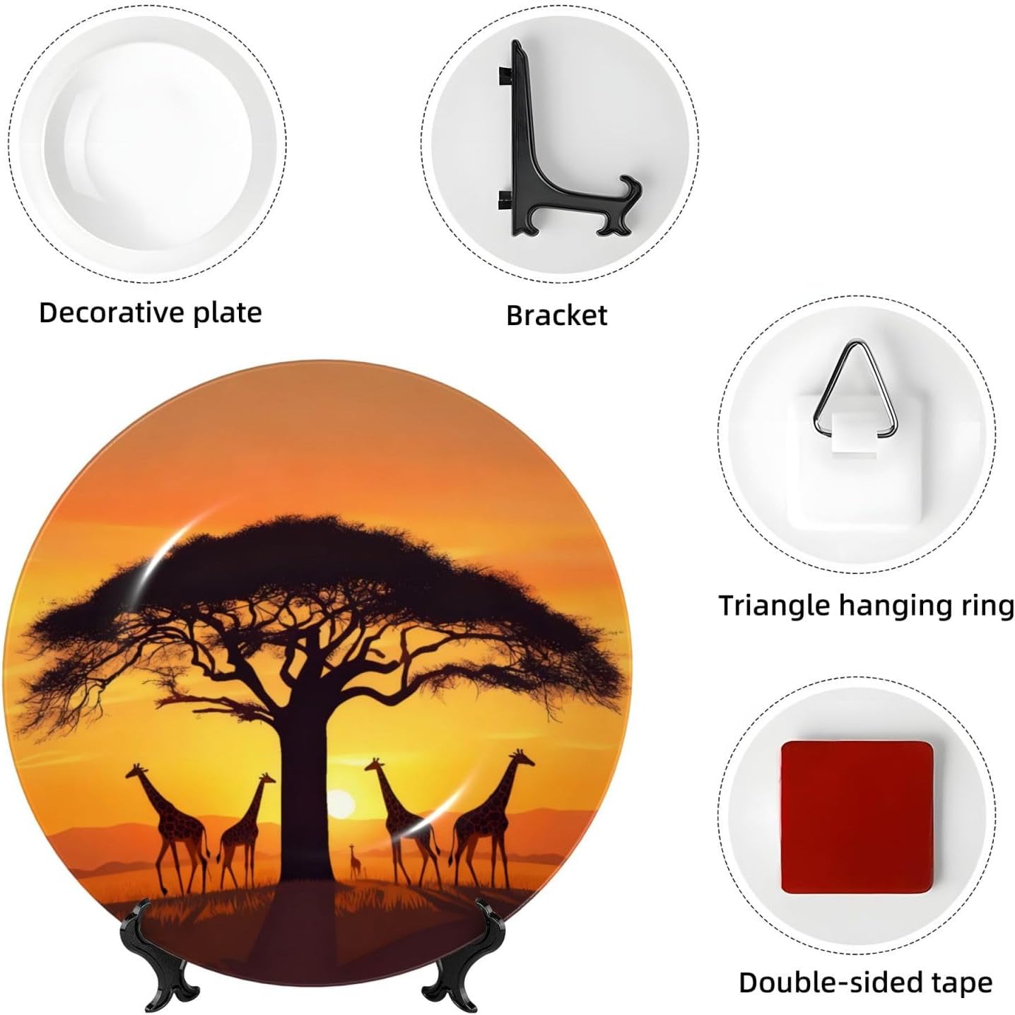 Giraffe Sunset Style Ceramic Plate Display Decorative Plate With Stand Wall Hanging Plate For Home Decor 10 Inch