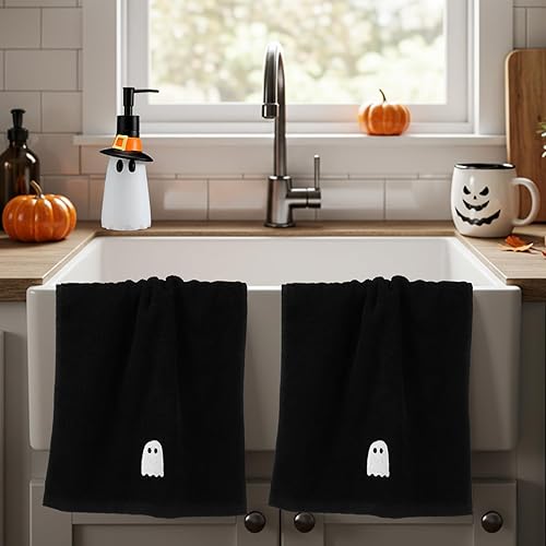 Miniatura 2 de 4 piezas de accesorios de baño de Halloween, dispensador de jabón fantasma, bomba de loción, toallas de mano de Halloween, toallas de mano con caja
