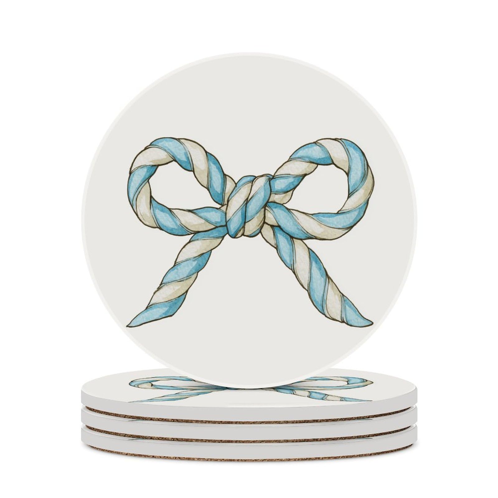 Twisted Nautical Rope Bow in Blue Cream Stripes Coasters Set of 4 Absorbent Coasters