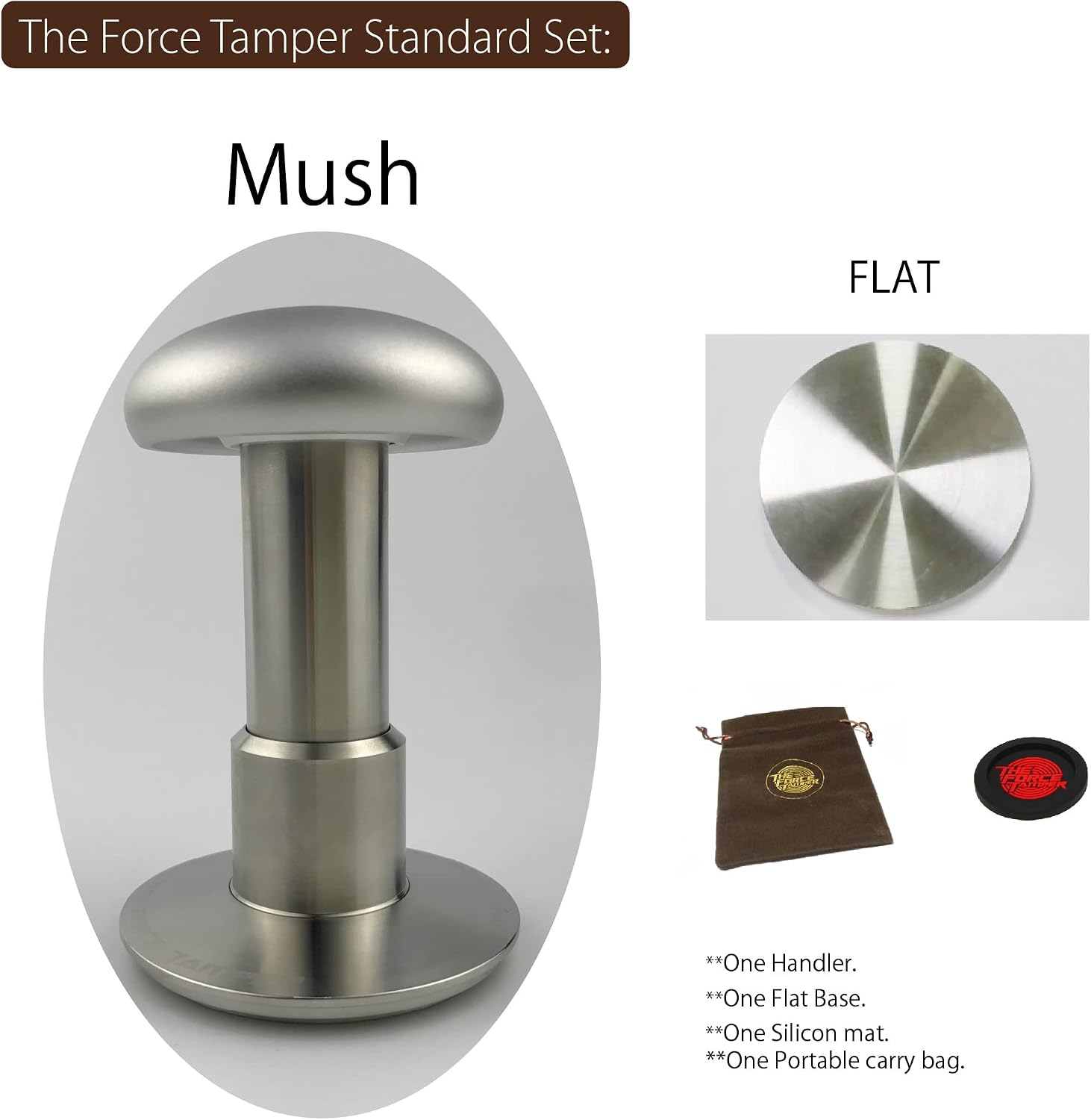 The Force Tamper Automatic Impact Coffee Tamper Standard Set-Silver Handle (Mush, 58.50mm)