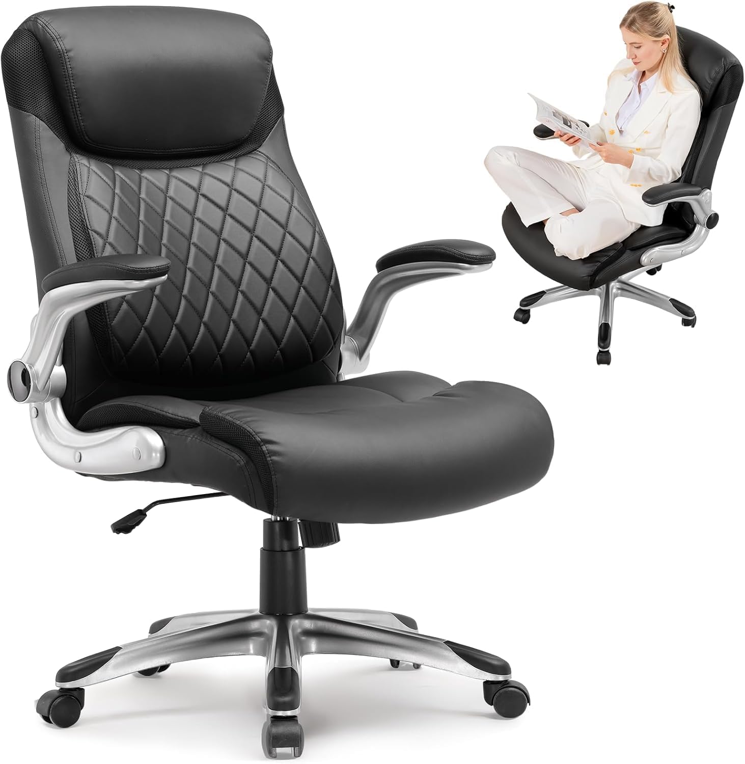 COMHOMA Big and Tall Office Chair, High Back Leather Executive Chair with Pocket Spring Lumbar Support and Flip-up Armrests, Swivel Managerial Office Chair with Adjustable Height， Black