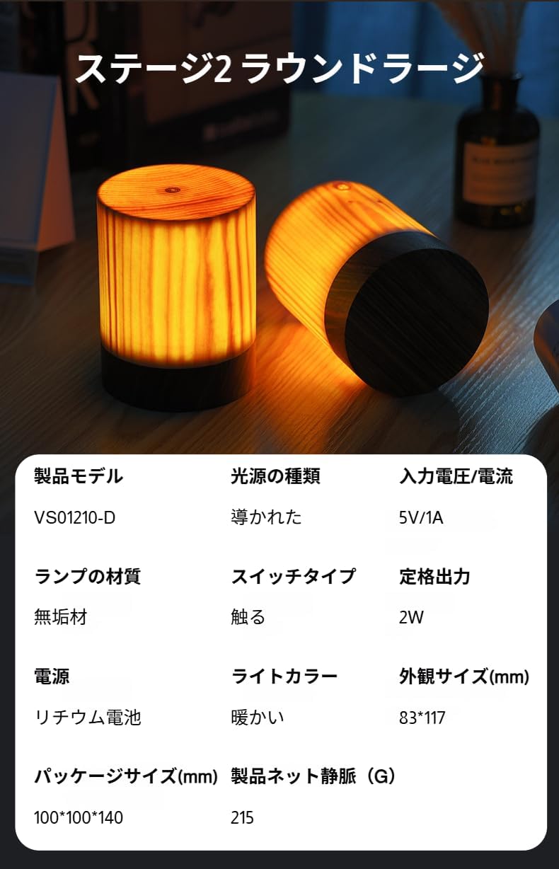 [Bebemax]LED天然木製ナイトライト ベッドサイドランプ タッチ調光式USB充電対応 木目調間接照明 寝室/書斎/キャンプ用