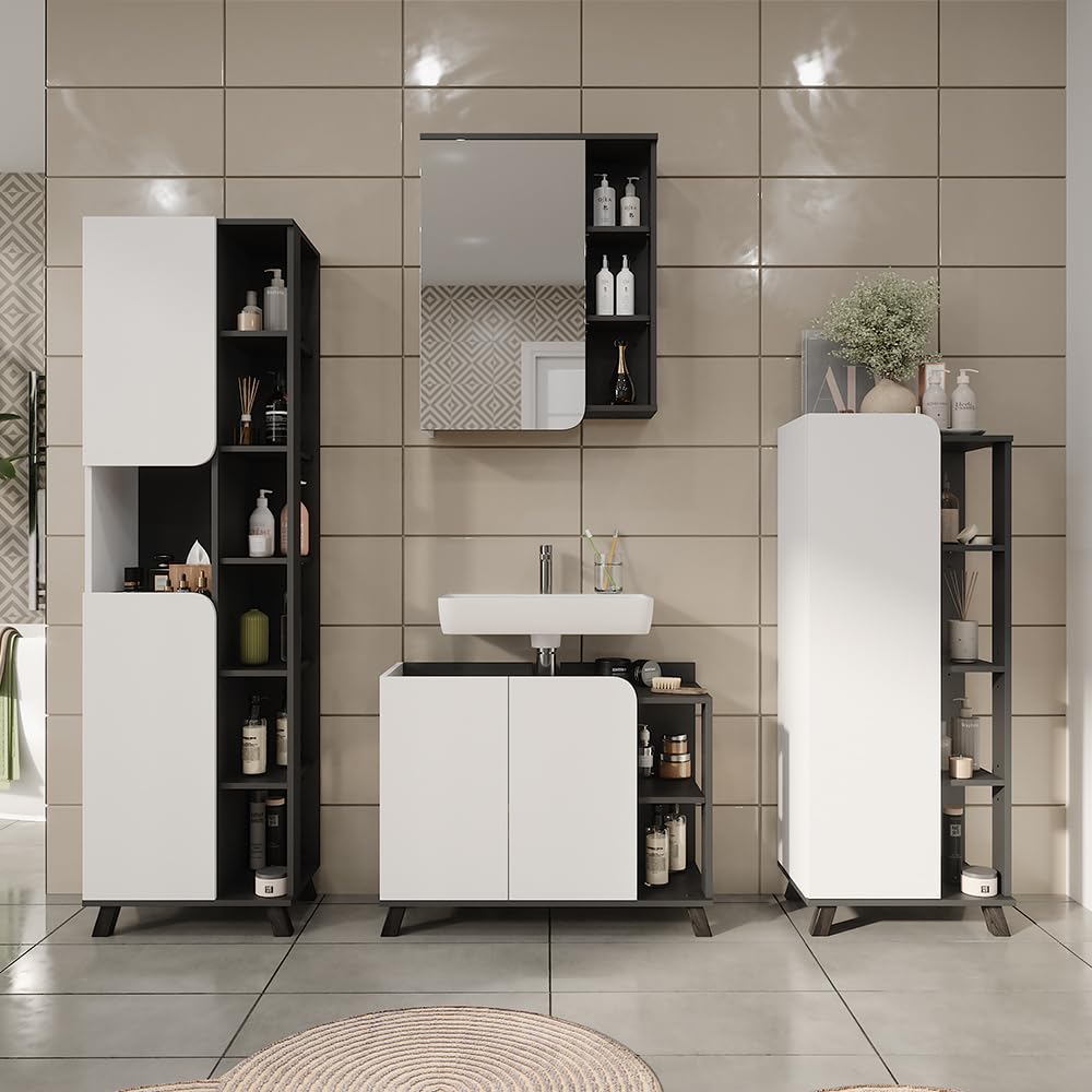 Vicco Mobiletto per lavabo Karen, Antracite/bianco, 80 x 65 cm con 2 porte, per una conservazione salvaspazio sotto il lavandino