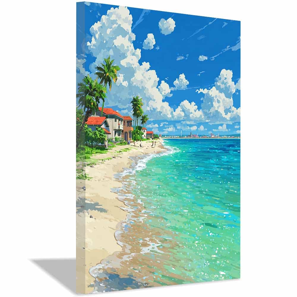 HOQIU Vintage wall art Tropical Beaches es Town decorative painting, wall art, for Living Room Bathroom Bedroom Kitchen Decoration.(Multicolor)-60x80cm Framed