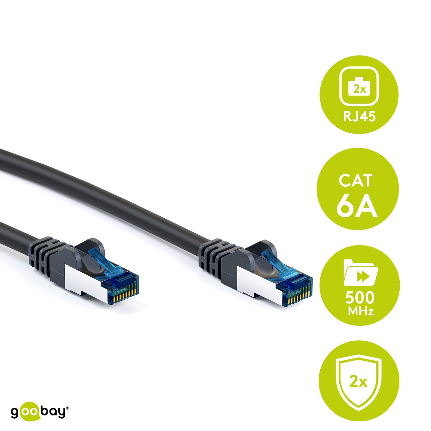 Goobay 92706 CAT 6a Patch Cable, Ethernet Cable, Double Shielded, S-FTP up to 10000 Mbits, 500 Mhz, Halogen-Free Copper Cable, RJ-45 Connectors, Gold Plated Contacts, 30m, Black