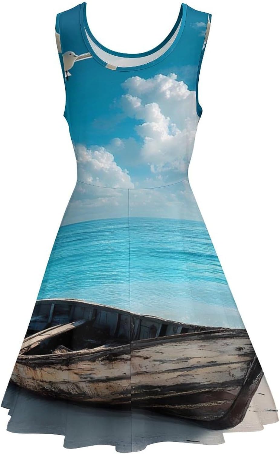 Boat on Beach Seagulls Women's Dresses Round Neck Dress Sleeveless Tank Dress Ruffle Hem Sundress
