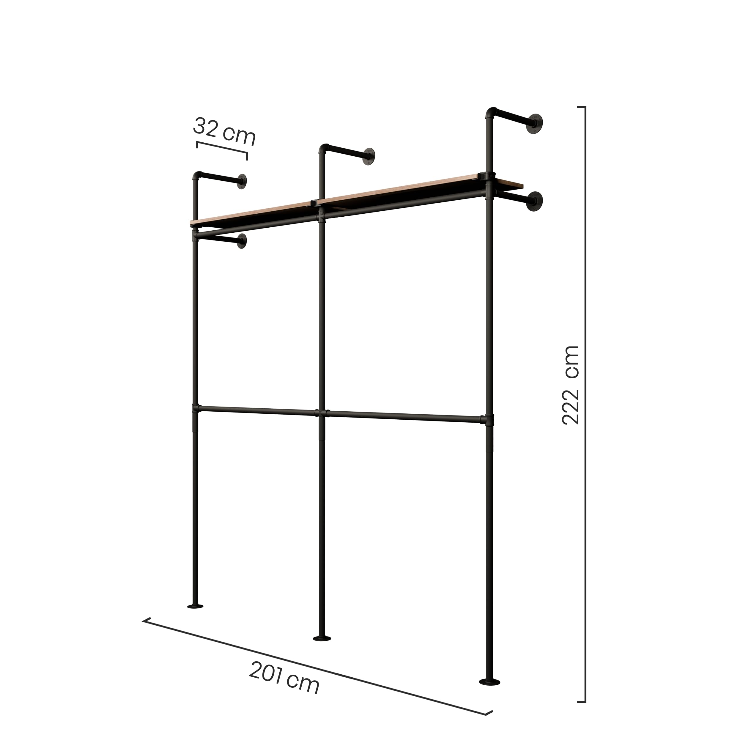 pamo appendiabiti da muro 320 kg capacità di carico – Armadio aperto o barra appendiabiti industriale nero con tubi in metallo – Ripiani in Roble massiccio