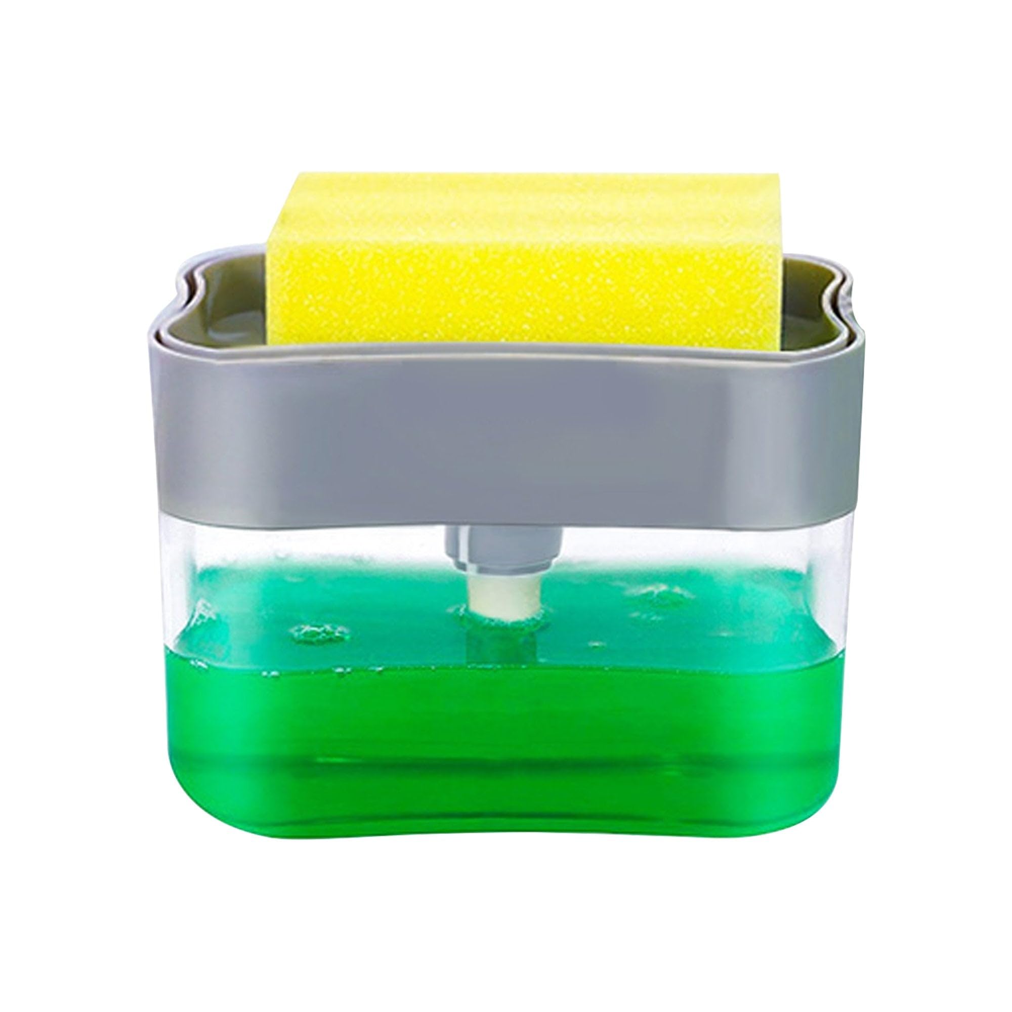 liquid soap dispenser on countertop with sponge holder for pet