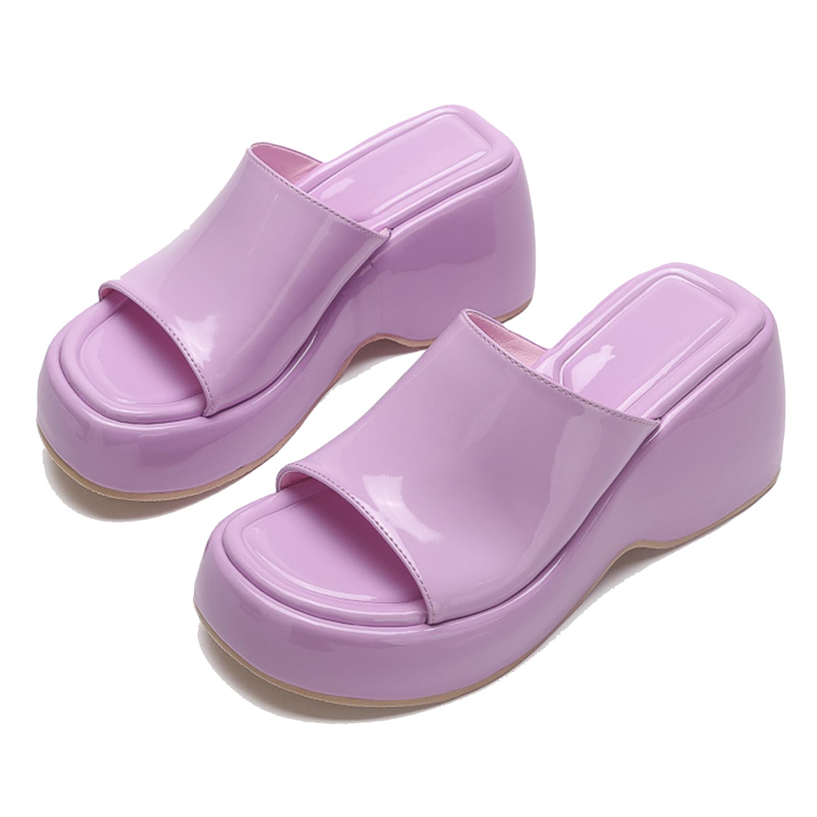 Alyaafifa Wedge Heel Platform Slide Sandals for Women Square Open Toe Slip On Slingback Mules Slippers Patent Leather Dressy Shoes Summer Comfy Casual