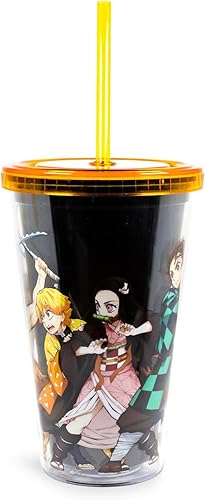 Demon Slayer - Vaso de acrílico para carnaval de 16 onzas con popote reutilizable y tapa a prueba de fugas, vaso de plástico sin BPA, vaso alto para
