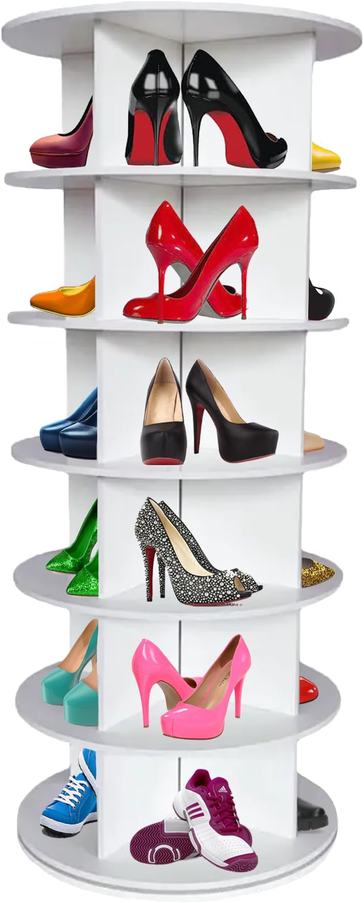 Rotating 360° Wooden Shoe Rack, Store Your Shoes, Handbags, Crystals, Figurines In Our Reloving Multi-Compartment Shelf Tower. This 6-tier Wooden Rack Holds Up To 24 Pairs Of Shoes.