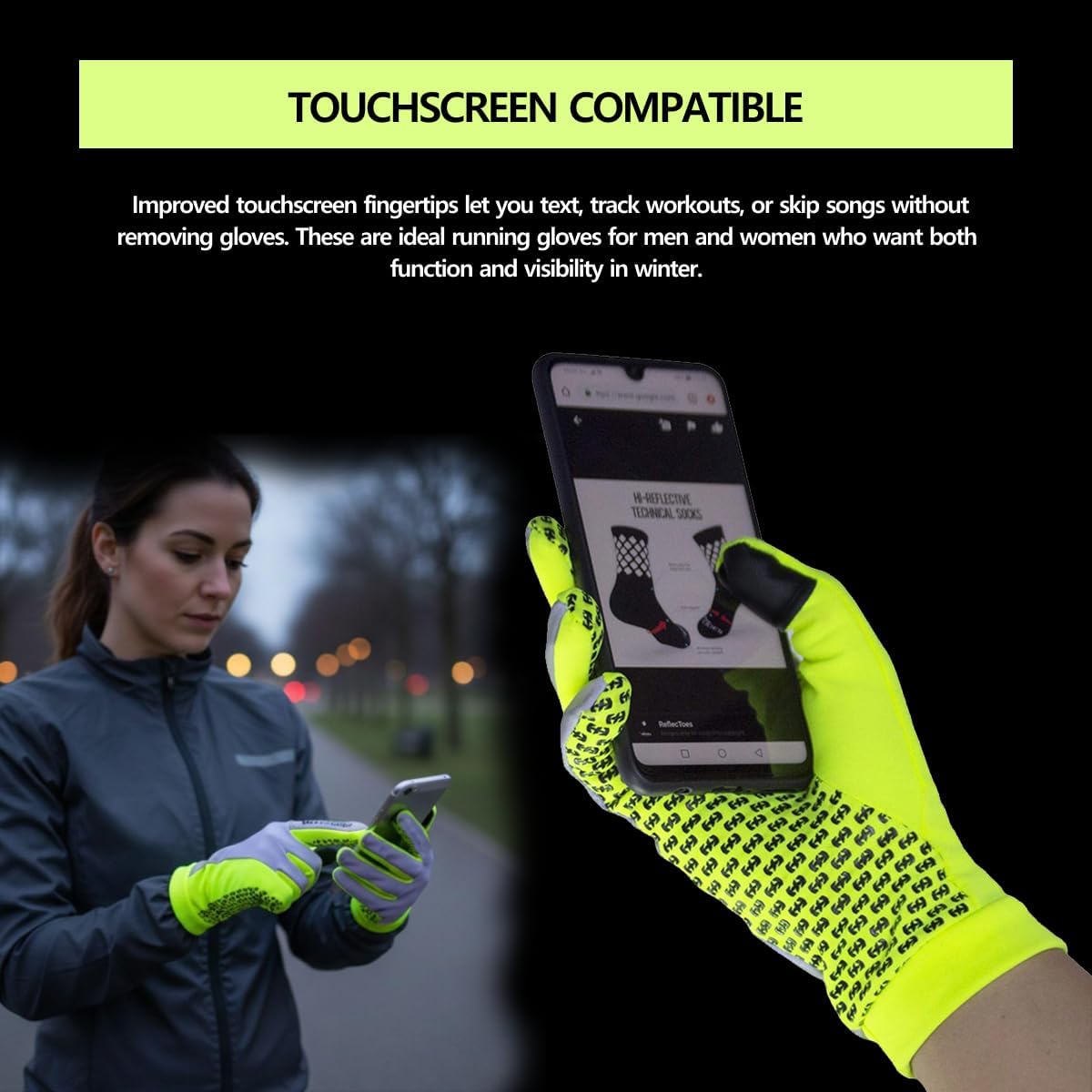 ReflecToes Reflective Winter Running Gloves - Touch Screen Compatible Lightweight Gloves - Cold Weather Hi Vis Safety for Night Runs - Image 3