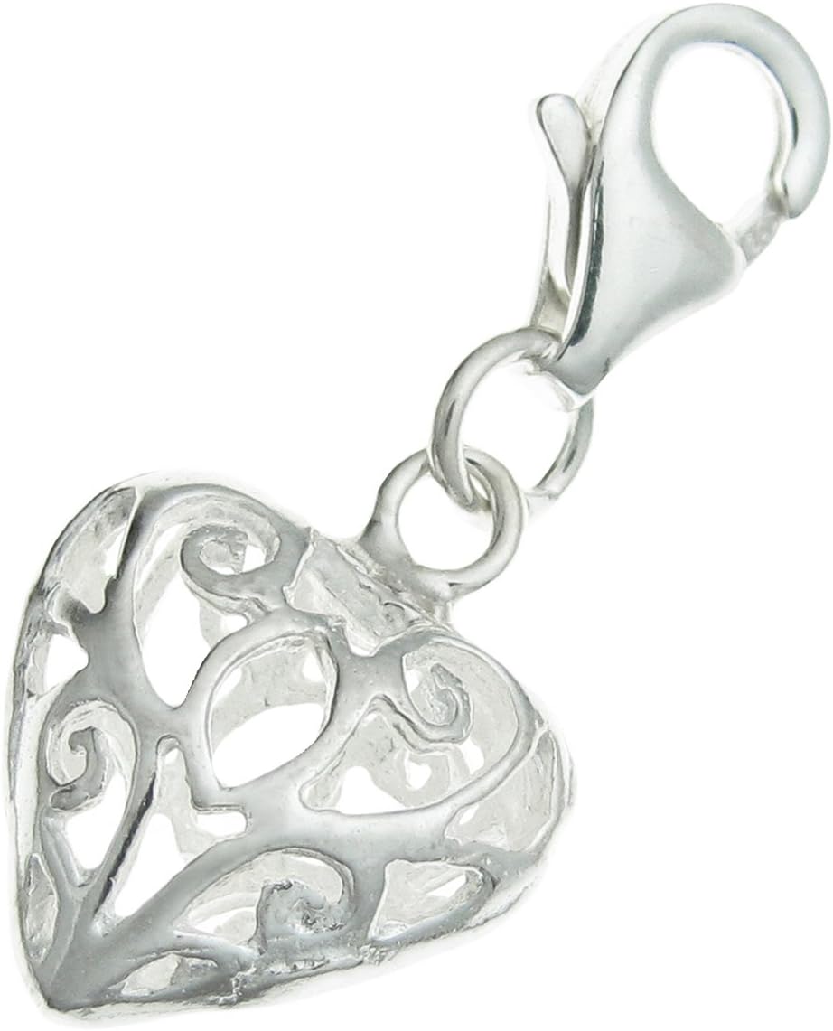 Dreambell .925 Sterling Silver Heart Love Filigree Dangle Bead Clasp European Lobster Trigger Clip On Charm