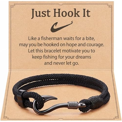 Black Bracelet for Men Husband Dad Fishing Gifts for Men Who Loves Fishing Just Hook It with Message Card