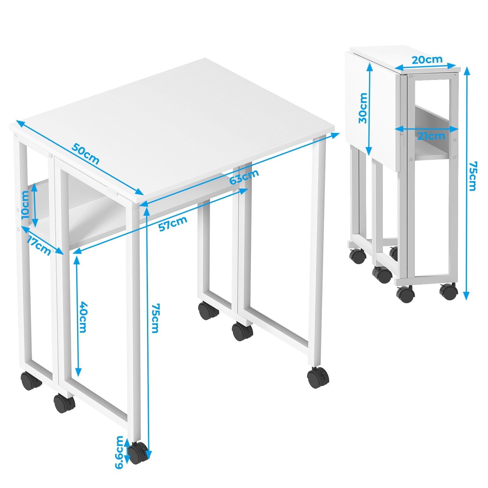 GreenForest Piccola Scrivania Pieghevole Salvaspazio con Scaffale, 63 CM Scrivania da PC su Ruote Facile da Assemblare, Adatta per Ufficio, Camera da Letto e Studio, Bianca