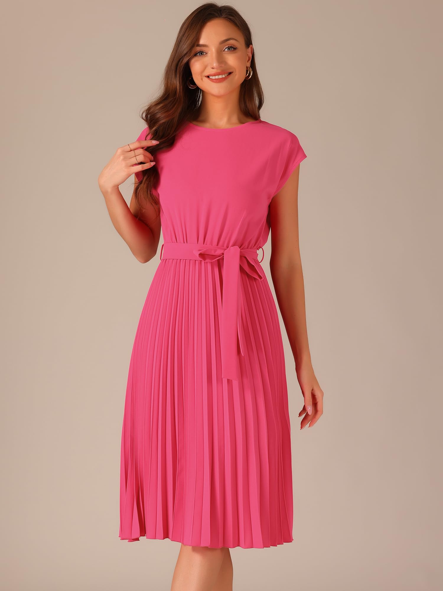 Allegra K Vestido Plisado Mujer Cuello Redondo Manga Casquillo, Elegante