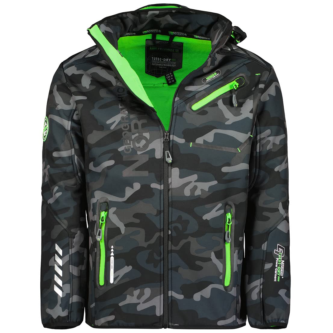 Geographical Norway Royaute Men Distribrands - Giacca Softshell impermeabile uomo - Giacca cappuccio traspirante all'aperto vento tattica resistente all'inverno (Camo_Nero_Verde L)