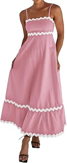 Women Summer Dresses 2025 Spaghetti Straps Sleeveless Smocked Rickrack Trim Boho Flowy Loose A-Line Midi Dress