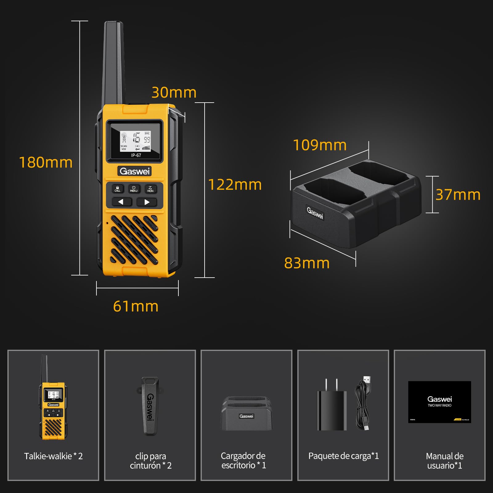 G1pro Walkie Talkies de Alto Rendimiento con Gran Alcance para Adultos, radios de Emergencia Recargables, Canales con batería de Iones de Litio, IP67 Resistente al Agua (2 Unidades)