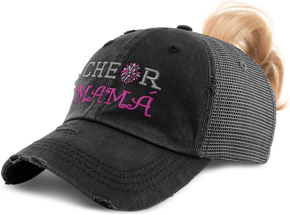 Womens Ponytail Cap Cheer Mama Mom Spanish B Embroidery Distressed Trucker Hats