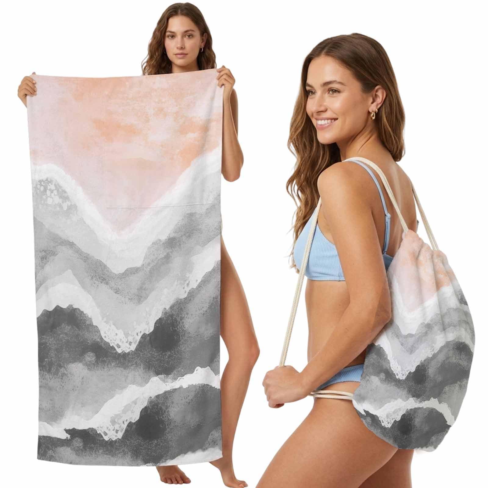 FWJZDSP Beach Towel Backpack Convertible Grey Ocean Waves Sand Free Quick Dry Towel Bag Beach Ombre Beach Towel with Adjustable Straps for Travel Swimming Pool Beach Accessories 31.5x63in