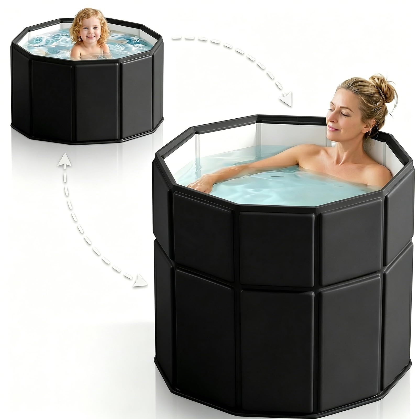 Faltbare Badewanne Schwarz 80 cm, Faltbarer Rand "Step-in" Eingang für Senioren & Kinder,nach innen klappbar, tragbare Eisbadewanne & heißes Bad,klappbarer Badewannen,tragbare Badewanne für Erwachsene