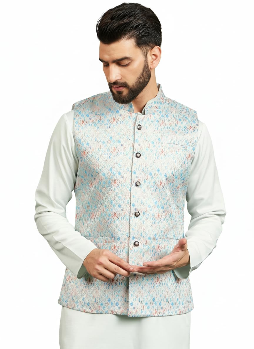 amazon brand - tavasya Men Light Blue Printed Jacquard Nehru Jacket (HOPMJ070_S)-picture-19