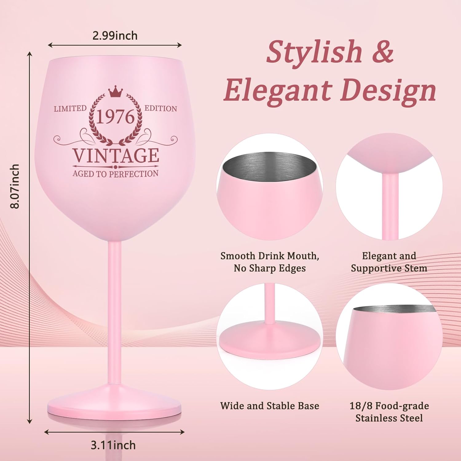 Lifecapido 50th Birthday Gifts for Her, Vintage 1976 Stainless Steel Wine Glass with Wine Bag and Card, 50th Birthday Decorations for Women, Cool Gifts for 50 Year Old Woman Mom Aunt Friends Wife - Image 6