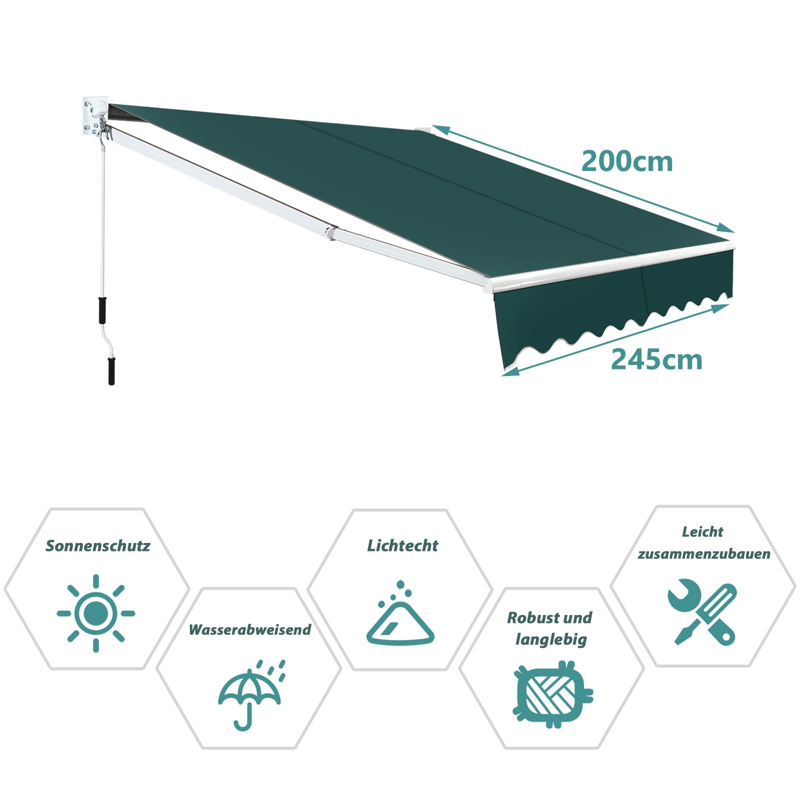 COSTWAY Markiza z ramieniem przegubowym, 250 x 200 cm, markiza tarasowa z aluminiową ramą i korbą ręczną, markiza przeciwsłoneczna, regulowany kąt 40-100°, ochrona przed słońcem i wodoszczelna, na