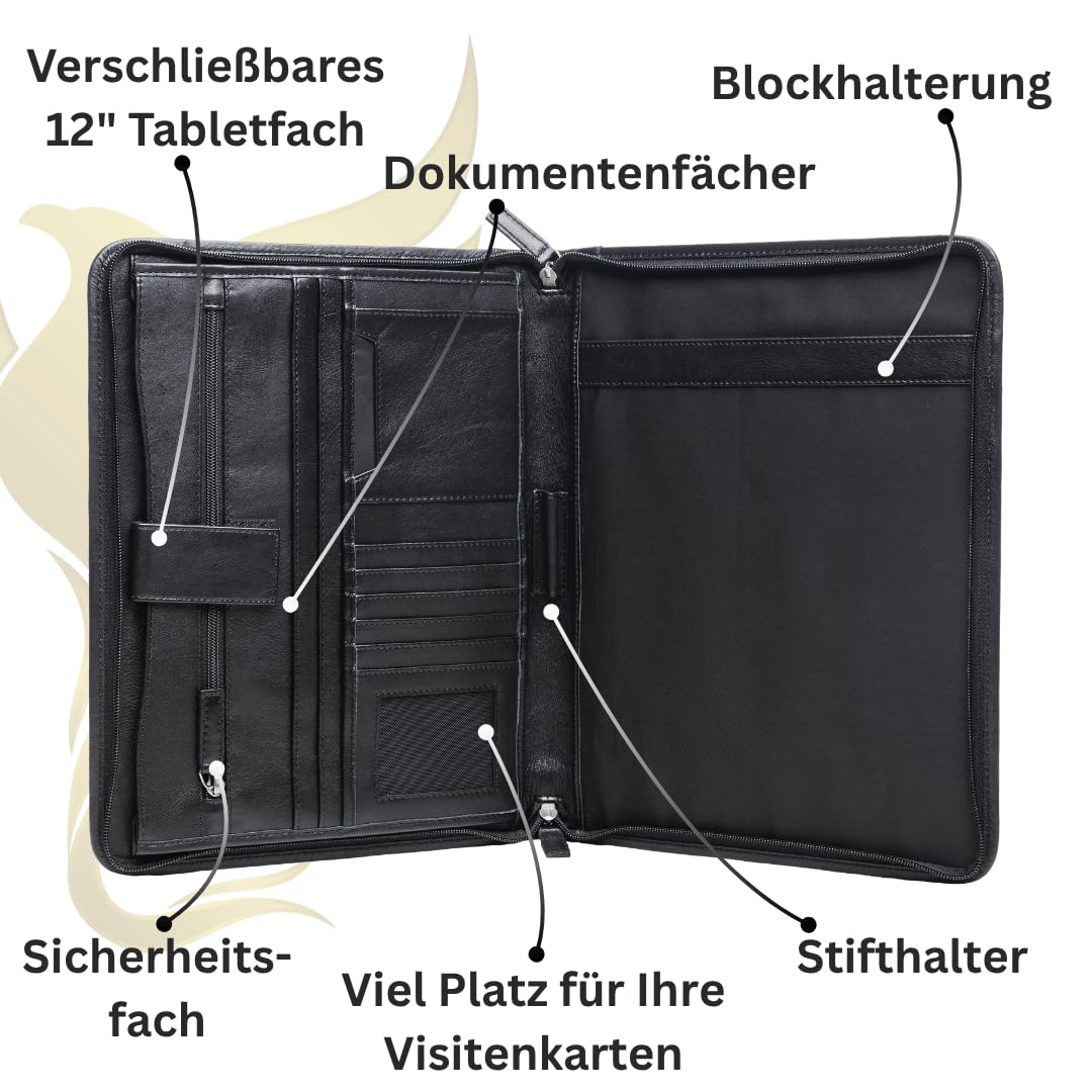 Hörner Konferenzmappe Madrid A4 Echtleder Schwarz – Schreibmappe mit Rundum-Reißverschluss, 12″-Tabletfach, Kartenfächer & Stifthalter, Business Dokumentenmappe