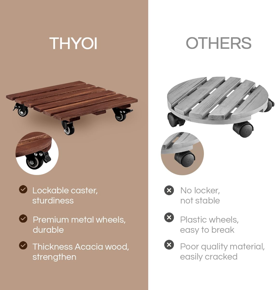 THYOI 2 Pack 14” Acacia Wood Plant Caddy with Lockable 360° Caster Wheels, 300 LB Heavy Duty Rolling Stand for Indoor Outdoor Planter Pots, Wooden Dolly for Patio (Dark Brown, Square)
