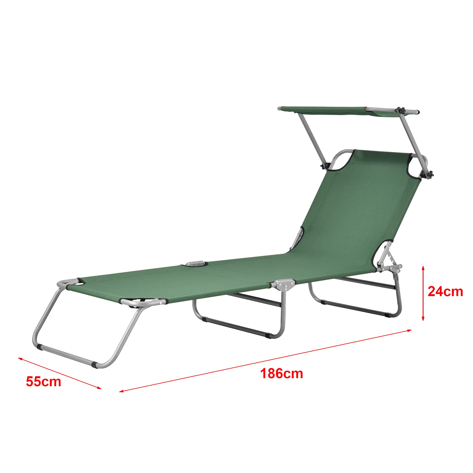 casa.pro Lettino Prendisole Portatile Sdraio con Tettuccio Parasole Regolabile Lettino con Schienale Reclinabile Struttura Pieghevole Supporto Peso 110 kg - Verde Scuro