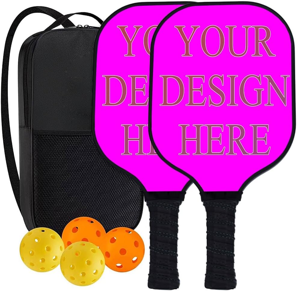 Custom Pickleballs Paddles Set, Personalized Pickleball Racquet with Photo Text Logo, 2 Paddles with 4 Balls and 1 Portable Carry Bag, Perfect First Paddle for Outdoor